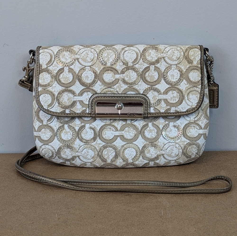 Coach | Kristin Op Art Sequin Crossbody Swingpack Purse, Taupe / Beige